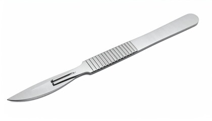 Fototapeta premium A shiny, metallic surgical instrument, scalpel, with a thin blade, on a white background