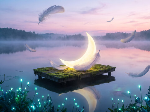Surreal fantasy dreamscape with a glowing crescent moon on a wooden raft in a calm misty lake, surrounded by floating white feathers and glowing blue flowers under a serene twilight sky.
