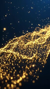 Glowing Golden Data Particles Flowing - A stream of glowing golden particles, formed by binary code, flows dynamically against a dark blue background.