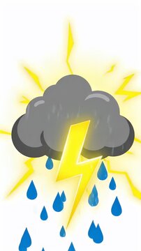 Animated Cloud with Lightning Bolt and Rain - A cartoonish depiction of a dark storm cloud unleashing rain and a bright yellow lightning bolt.