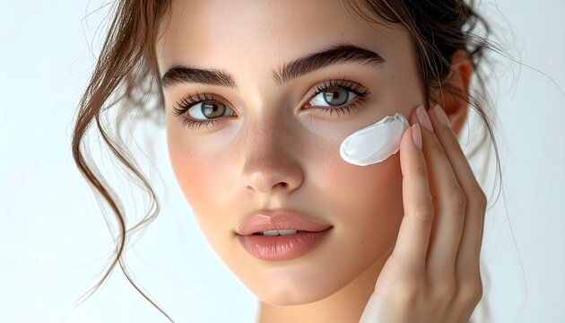 Primer plano de mujer joven aplicando crema cosm&eacute;tica bajo el ojo sobre fondo claro
