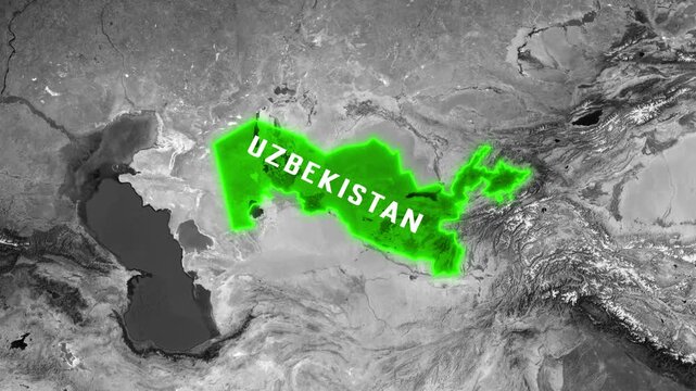 3D Dark Satellite Map Animation Highlighting Uzbekistan with Glowing Green Border and Text Label