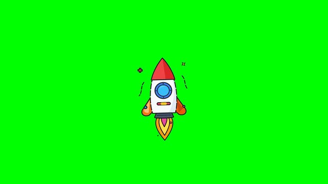Vibrant turbo space rocket MBE style animation with fire flame effect launching upwards isolated on a green screen background for chroma key