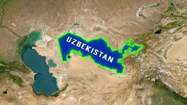 3D Satellite Map Animation Highlighting Uzbekistan with Country Label and Waving National Flag