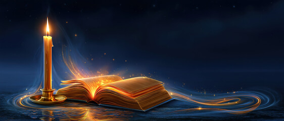Naklejka premium Candle lit open book on dark blue background with warm glow and spark, magical still life, horizontal banner