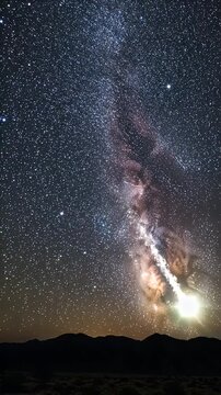 Stunning Milky Way Galaxy with Shooting Star - A vibrant Milky Way galaxy dominates the night sky, illuminated by the streak of a shooting star.