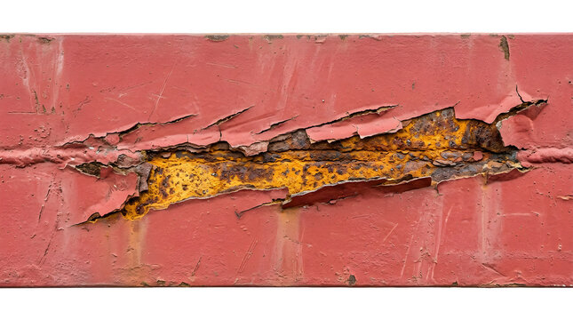 Chipped yellow paint on rusted metal surface. Peeling corrosion layer on industrial steel background.