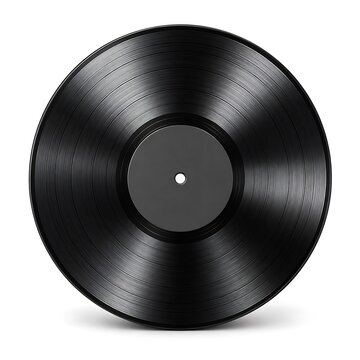 Close-up black vinyl record with glossy surface and central label for music production