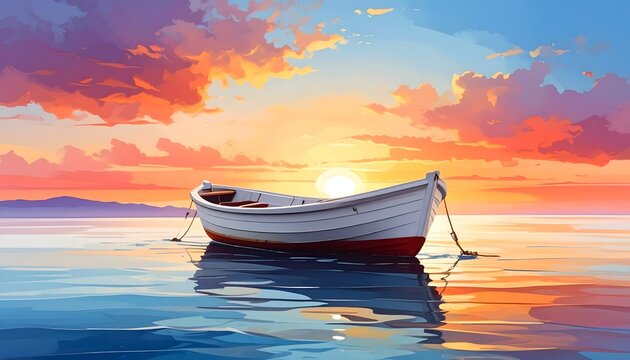 Peque&ntilde;a barca blanca flotando sobre el mar tranquilo al atardecer con cielo colorido y reflejos en el agua