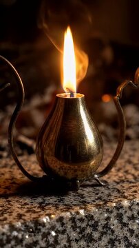 Teardrop Shaped Metal Oil Lamp Burning with Flame - A close-up shot of a teardrop-shaped metal candle holder, possibly an oil lamp, with a small flame burning.