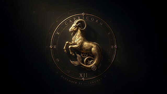 Golden aries zodiac sign emblem on dark background with astrology, horoscope