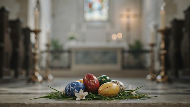 Colorful easter eggs placed on church floor before altar with religion, tradition