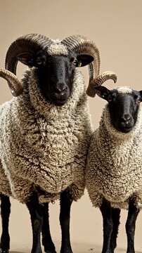 Ram and Ewe Sheep on Plain Background - A majestic ram with impressive curved horns stands beside a ewe, both displaying their thick, curly wool coats against a neutral backdrop.