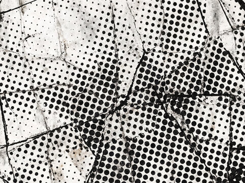 Abstract halftone dot pattern on distressed vintage crumpled paper texture for graphic design and background
