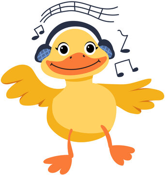 Cute Yellow Duckling Listening to Music with Headphones