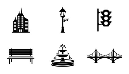 Fototapeta premium City Icons: Buildings, Street Lamp, Traffic Light, Bench, Fountain, Bridge Vector Set