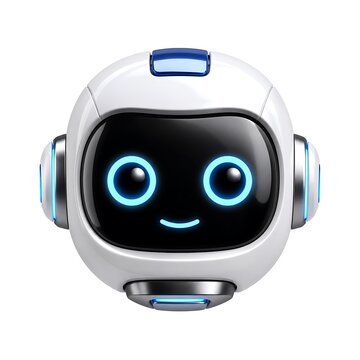 3D robot assistant with glowing blue eyes and friendly expression for AI technology and customer service