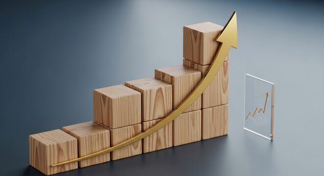 Wooden block bar chart with rising golden arrow showing business growth