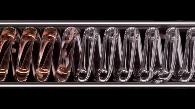 Large-scale close-up of beige transparent liquid flowing through a horizontally mounted coil laboratory condenser displayed on black | Fragrance chemical formulation concept
