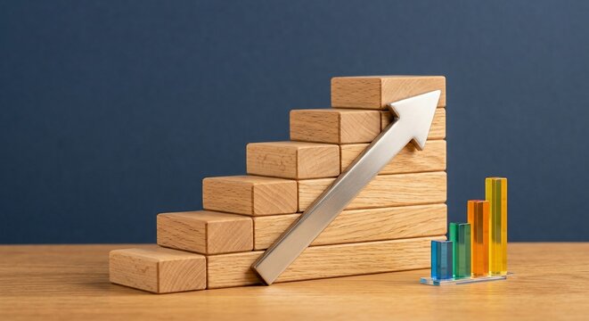 Wooden blocks arranged as stairs with a rising silver arrow for business growth