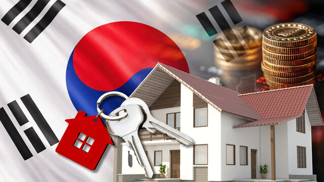 The South Korean financial data display features the South Korea flag, a house model, keys, and coin stacks, illustrating the economic impact of South Korea's real estate market, housing loan 