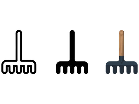 Garden rake icon set, 3 vector garden tools, flat landscaping equipment icons Editable Vector