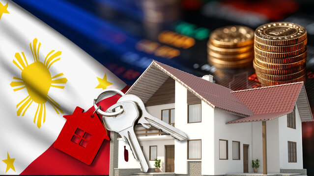 The Philippine financial data display features the Philippines flag, a house model, keys, and coin stacks,  economic impact of Philippines' real estate market, housing loan,  interest policies