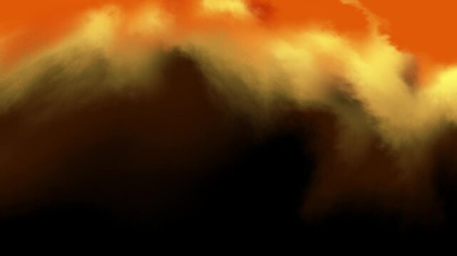 Fiery abstract inferno with glowing orange and yellow smoke clouds against a dark, dramatic backdrop creating intense energy and a sense of danger