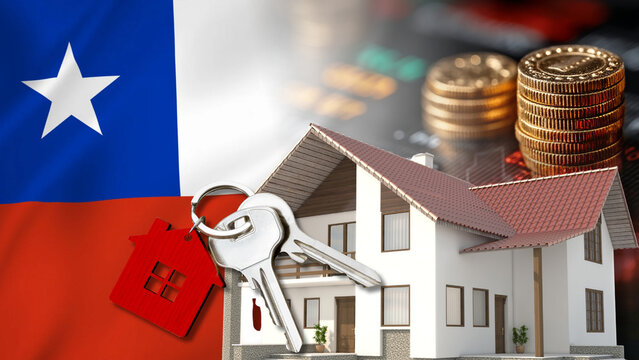 The Chilean financial data display features the Chile flag, a house model, keys, and coin stacks, illustrating the economic impact of Chile's real estate market, housing loan and interest policies