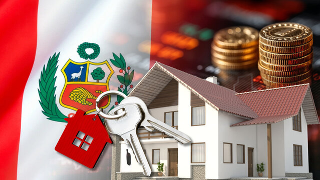 The Peruvian financial data display features the Peru flag, a house model, keys, and coin stacks, illustrating the economic impact of Peru's real estate market, housing loan and interest policies