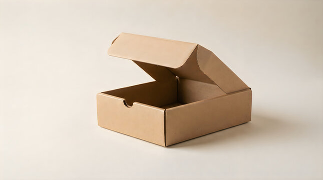 Cardboard mailing box with hinged lid made from recycled paper material displays minimalist design for sustainable shipping product packaging solutions for small business.