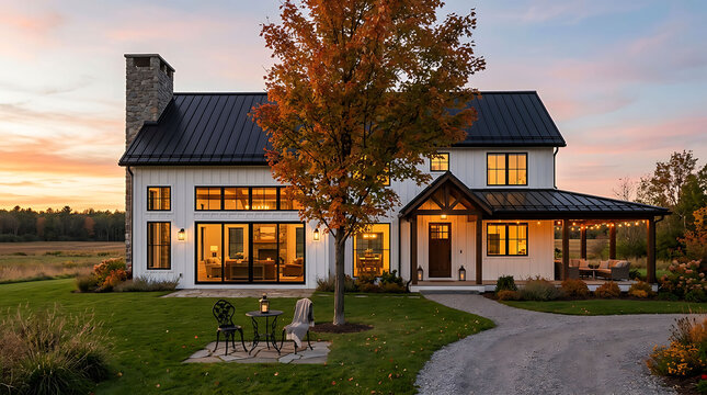 Modern Farmhouse Exterior at Sunset with Beautiful Fall Foliage and Patio Space