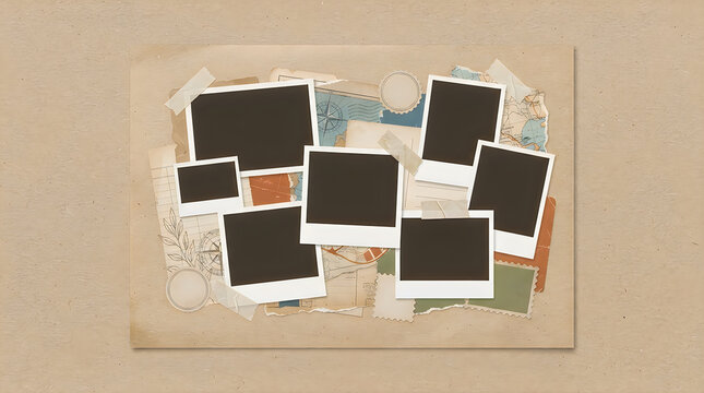 Vintage scrapbook collage featuring multiple dark photo frames and map elements taped onto a textured brown paper background.