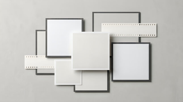 Blank white and grey square frames and paper strips arranged in a modern overlapping collage for presentations or graphic design elements.