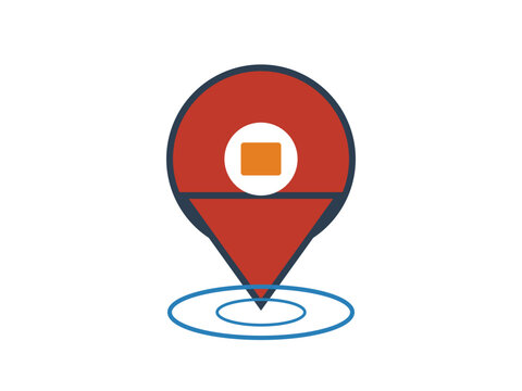 A red map pin icon with a white circle and orange rectangle