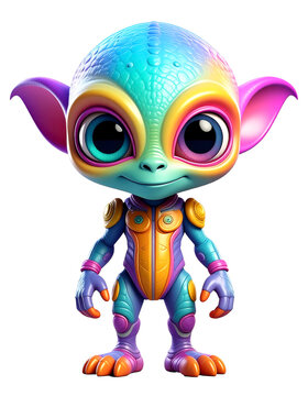 Colorful 3D extraterrestrial character, full body, big sparkling eyes, cute expression, isolated on transparent.