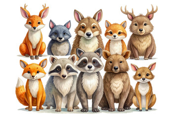 Obraz premium Whimsical forest animal collection featuring smiling fox, wolf, bear, raccoon, moose, and deer, clean cartoon style, transparent background.