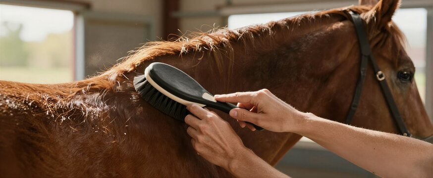 Brown Horse As Main Subject With Mane Brushed By Persons Hand Holding Black Brush White Bristles Groomed Shiny Hair Reflects Light