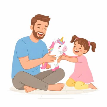 Father and Daughter Sitting on Floor Laughing and Playing with Plush Unicorn