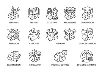 Fototapeta premium Set of thin line icons representing human brain functions and various educational processes for academic and cognitive development