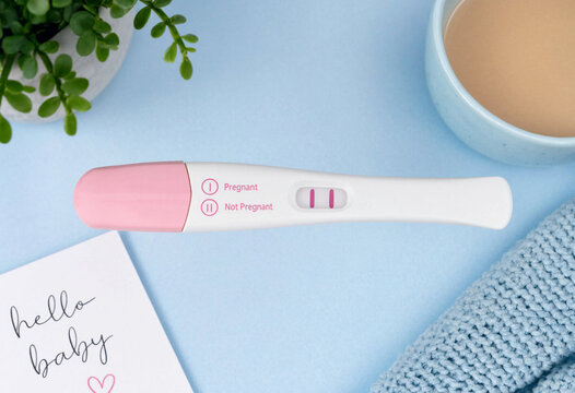 Pink pregnancy test shows two lines