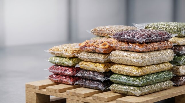 Transparent vacuum sealed plastic bags of various dried fruits and grains stacked on wooden pallet in warehouse for food packaging concept.