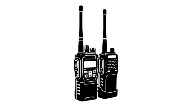 Two black walkie-talkies on white background, communication devices