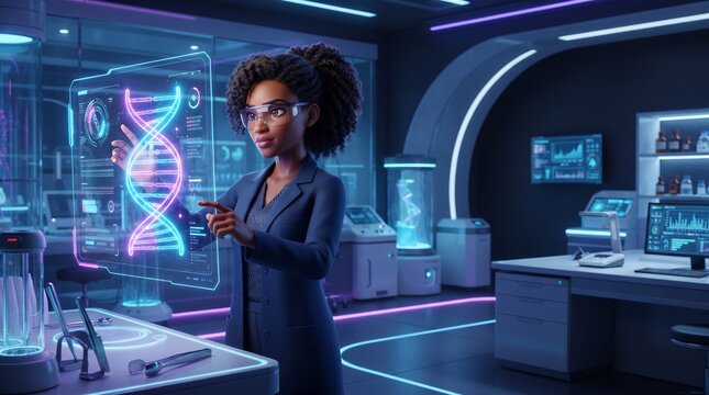 Female scientist examines DNA hologram in futuristic biotech lab with digital screens