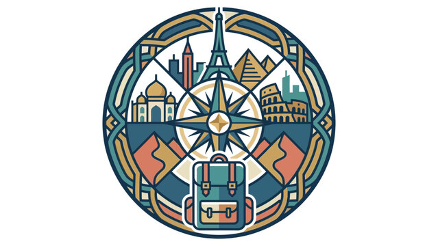 Circular travel design with world famous landmarks and compass rose vector illustration