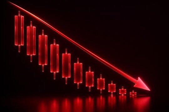 Declining financial candlestick chart with red downward arrow