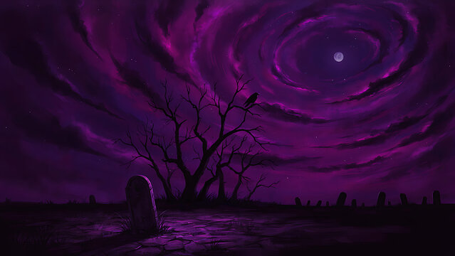 Atmospheric purple night scene showing a solitary crow perched on a barren tree above graveyard tombstones, created with generative AI for dark book covers.