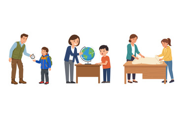 Obraz premium Vector illustration of teachers helping pupils with school subjects and learning activities