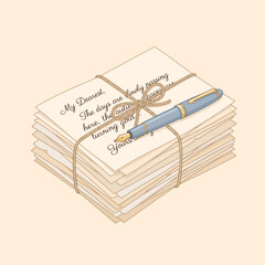 Naklejka premium Stack of old love letters tied with string and a fountain pen, vintage romantic correspondence illustration