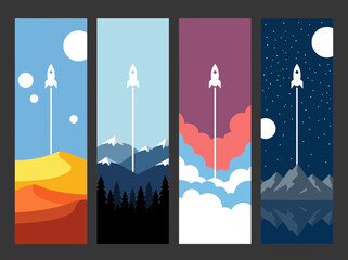 Fototapeta premium Minimalist flat design rocket ship launch banners across desert, mountain, cloud, and night sky landscapes.